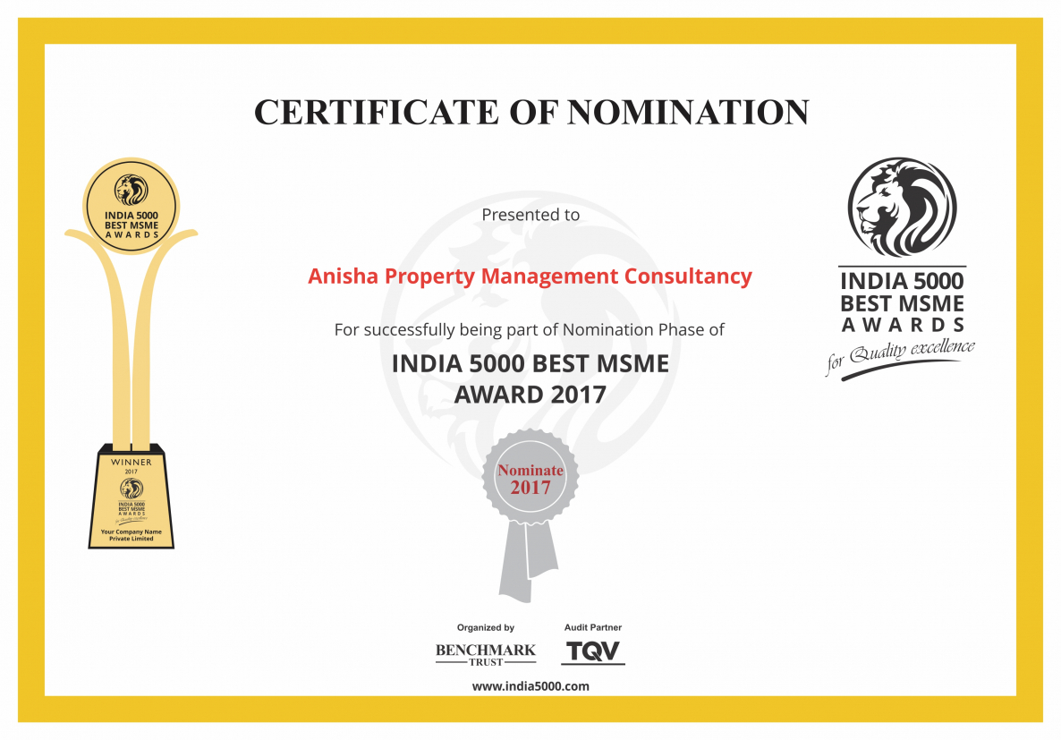Anisha Property Management Consultancy India 5000 Nomination Certificate