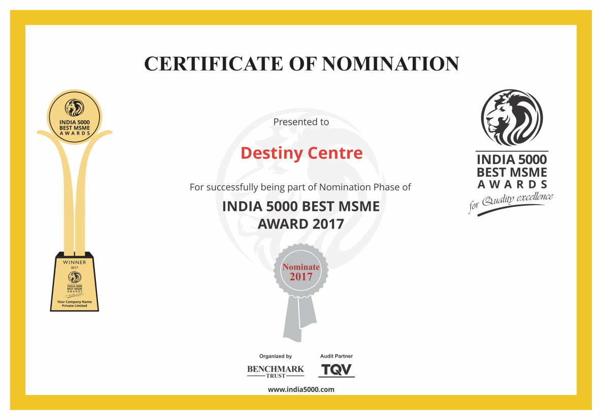 Destiny Centre India 5000 Nomination Certificate