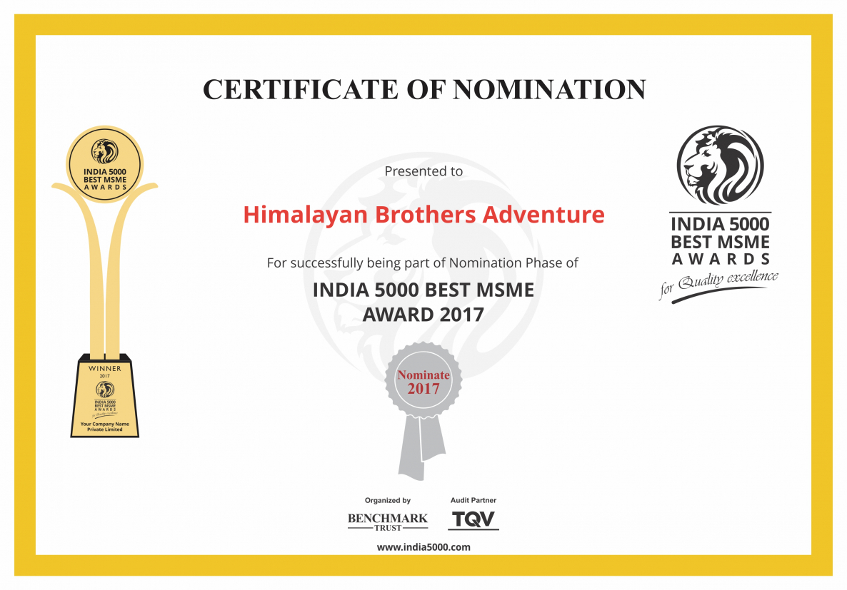 Himalayan Brothers Adventure India 5000 Nomination Certificate