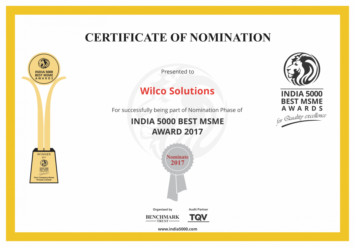 Wilco Solutions India 5000 Nomination Certificate
