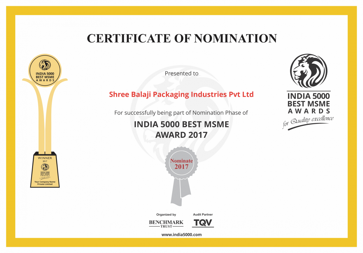 Shree Balaji Packaging Industries Pvt Ltd India 5000 Nomination Certificate