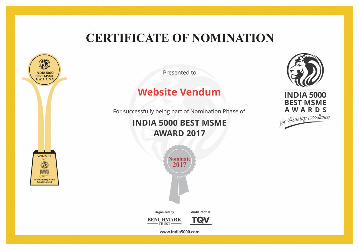 Website Vendum India 5000 Nomination Certificate