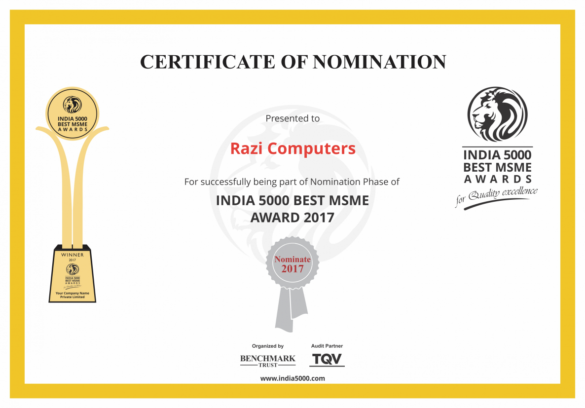 Razi Computers India 5000 Nomination Certificate